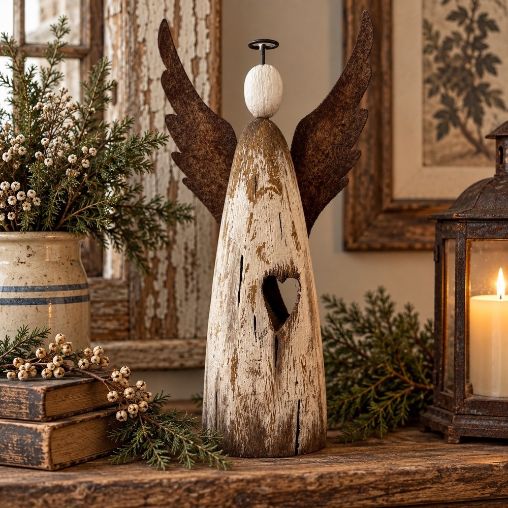 Primitive Wood Angel Figure Rusted Metal Wings Farmhouse Decor Large 10.5" Tall